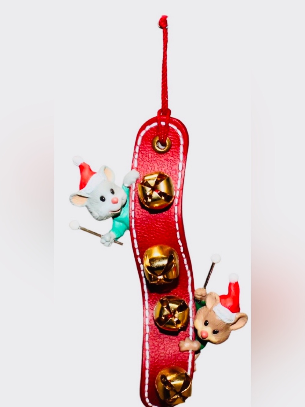 Hallmark Red Strap Ornament with Gold Bells and Cheerful Mice